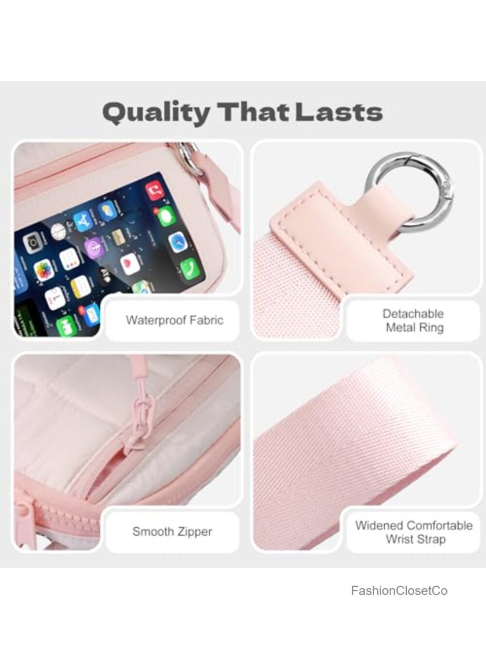 Quilted RFID Blocking Wristlet Wallet with Detachable Strap & 3 Zipper Pockets, - Picture 5 of 6